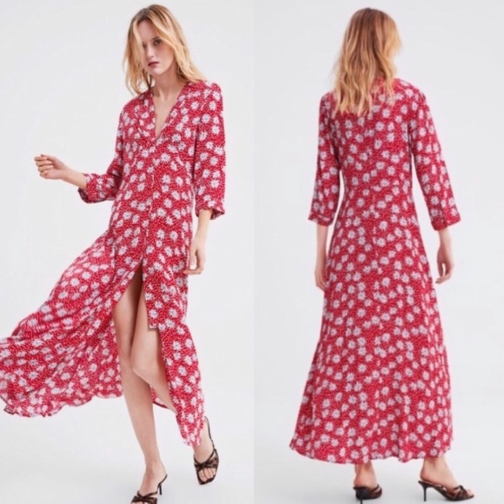 COPY - Zara Blogger Favorite Red Phoebe Daisy Maxi Dress Button Front XL